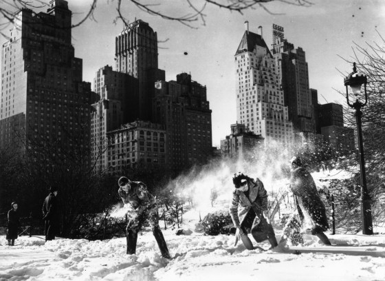 A snowball fight in Central Park, New York, after the first snowfall of 1938. (Photo by Tucker/Getty Images)